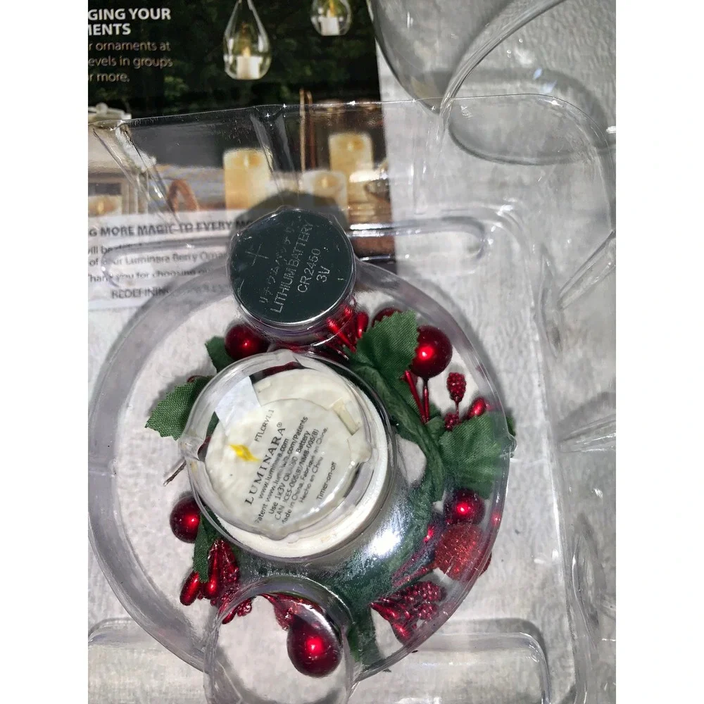 Luminara Real Flame-Effect Candle Berry Ornament Glass Globe Votive Timer CR2450